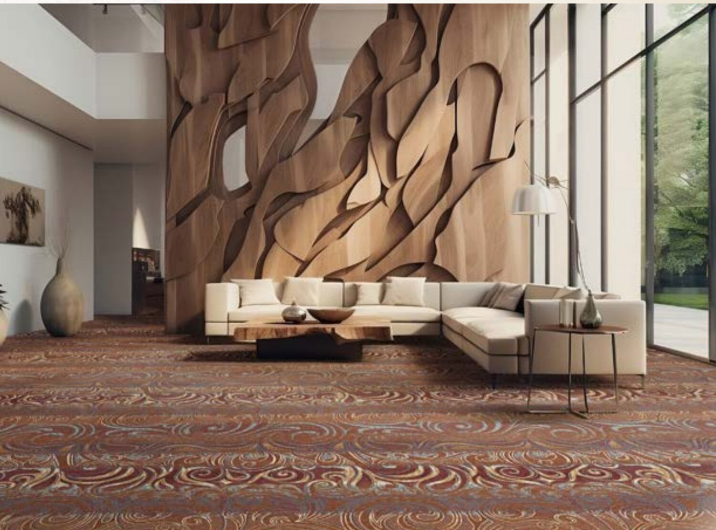 Double-height lobby with a sculpted wood feature wall over custom patterned carpet